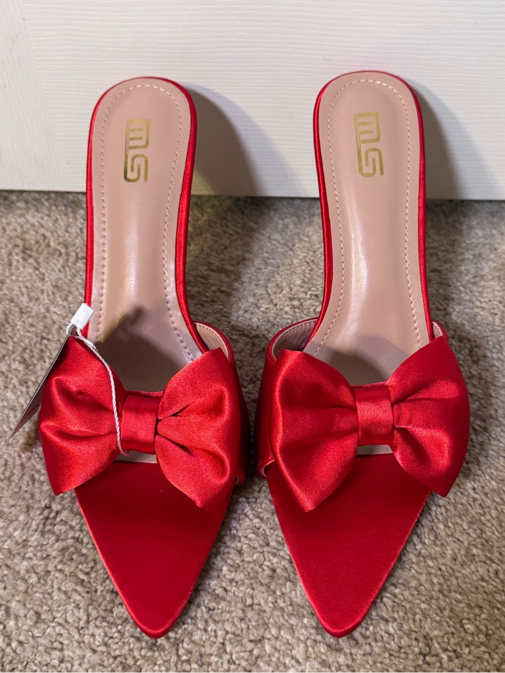 Red Satin Bow Pointed-Toe Heels for Women
